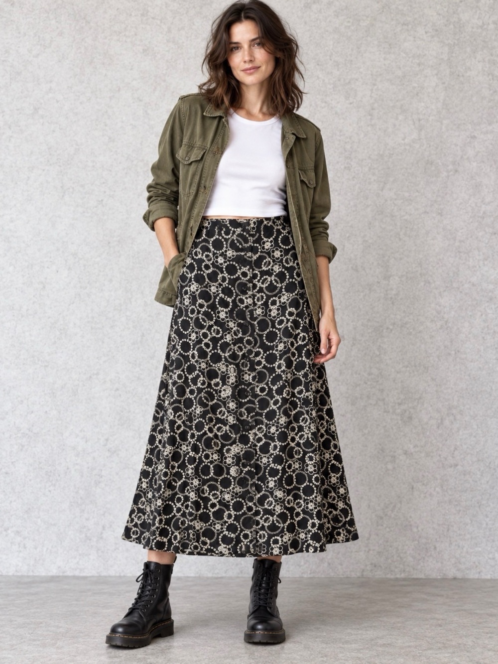 Christopher & Banks Black Midi Skirt Button Front Vintage 90’s Style Y2K Floral